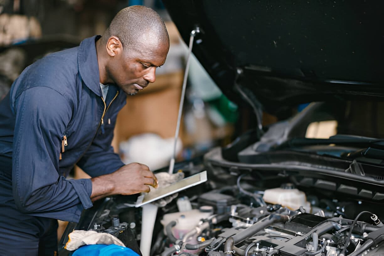 Technician inspecting vehicle electrical components