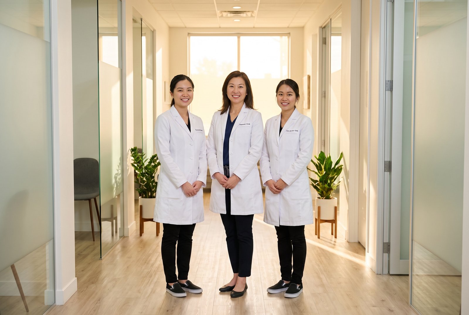 The clinic's dental team smiling together in the hallway
