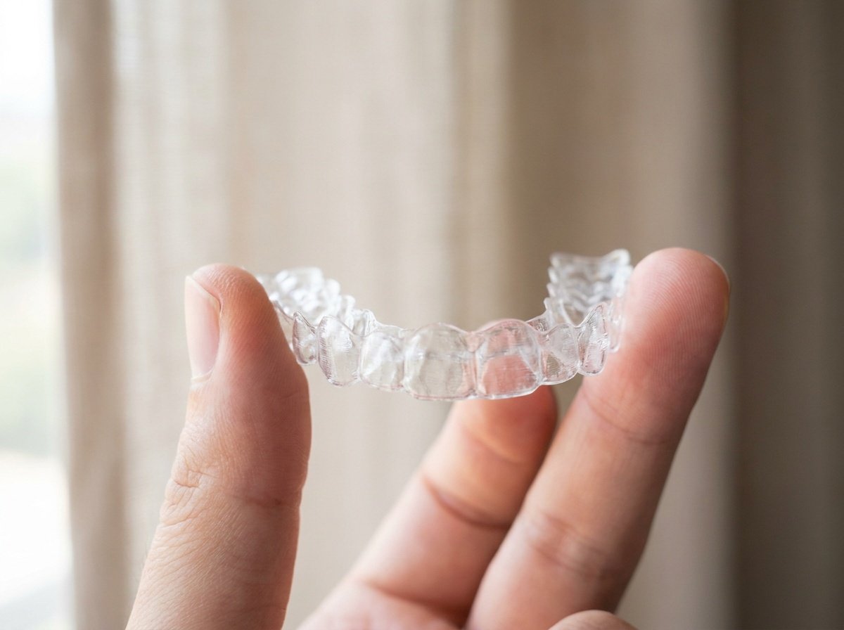 Hand holding a clear plastic Invisalign-style dental aligner tray