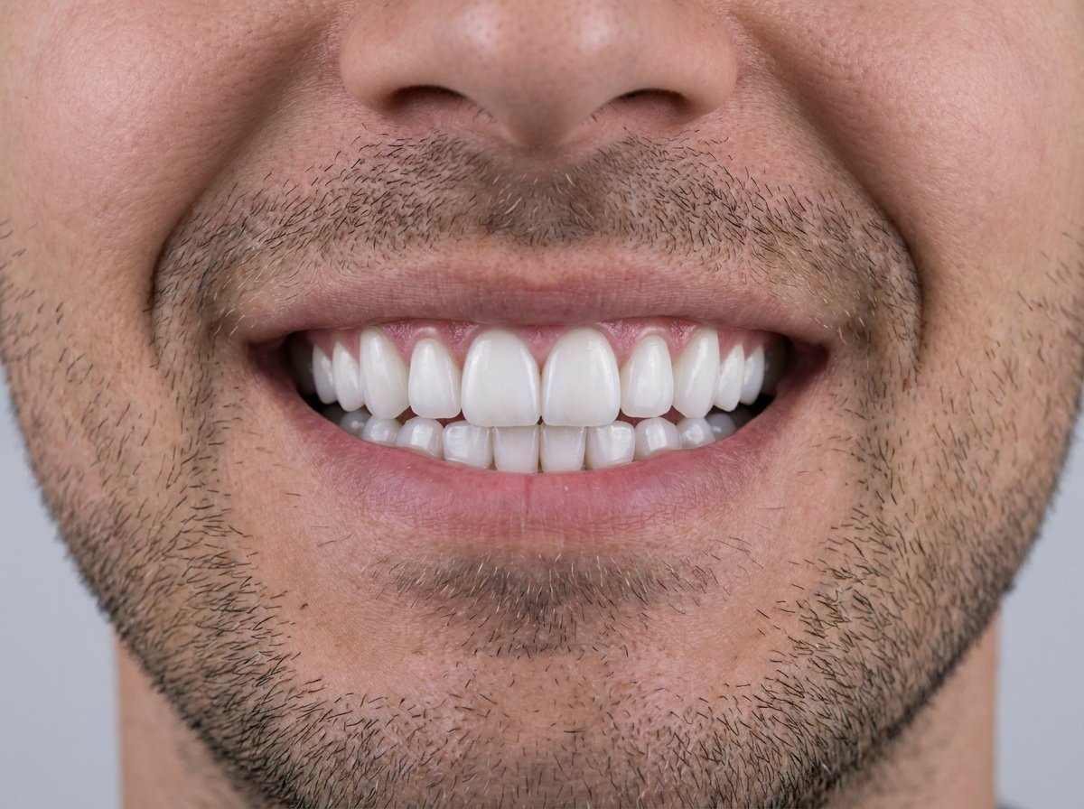 Same patient's teeth after cosmetic veneer treatment, showing even, white smile