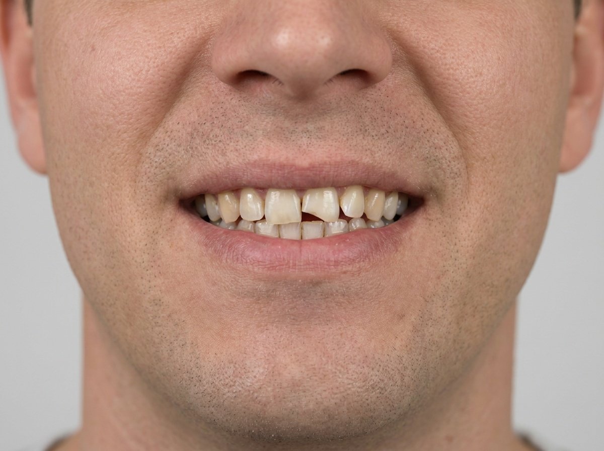 Patient's teeth before cosmetic veneer treatment, showing chips and unevenness