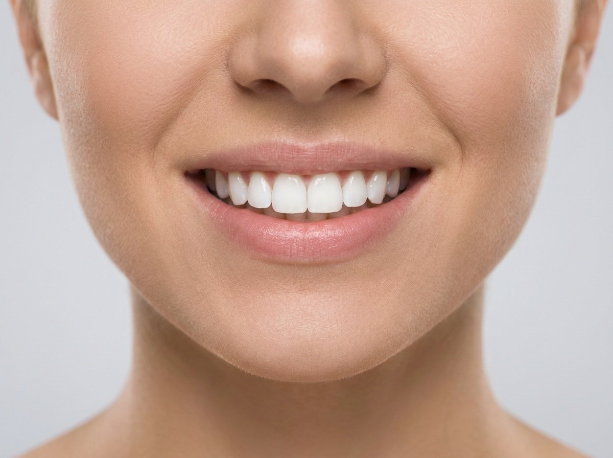 Close-up of bright, white, healthy teeth after professional teeth whitening