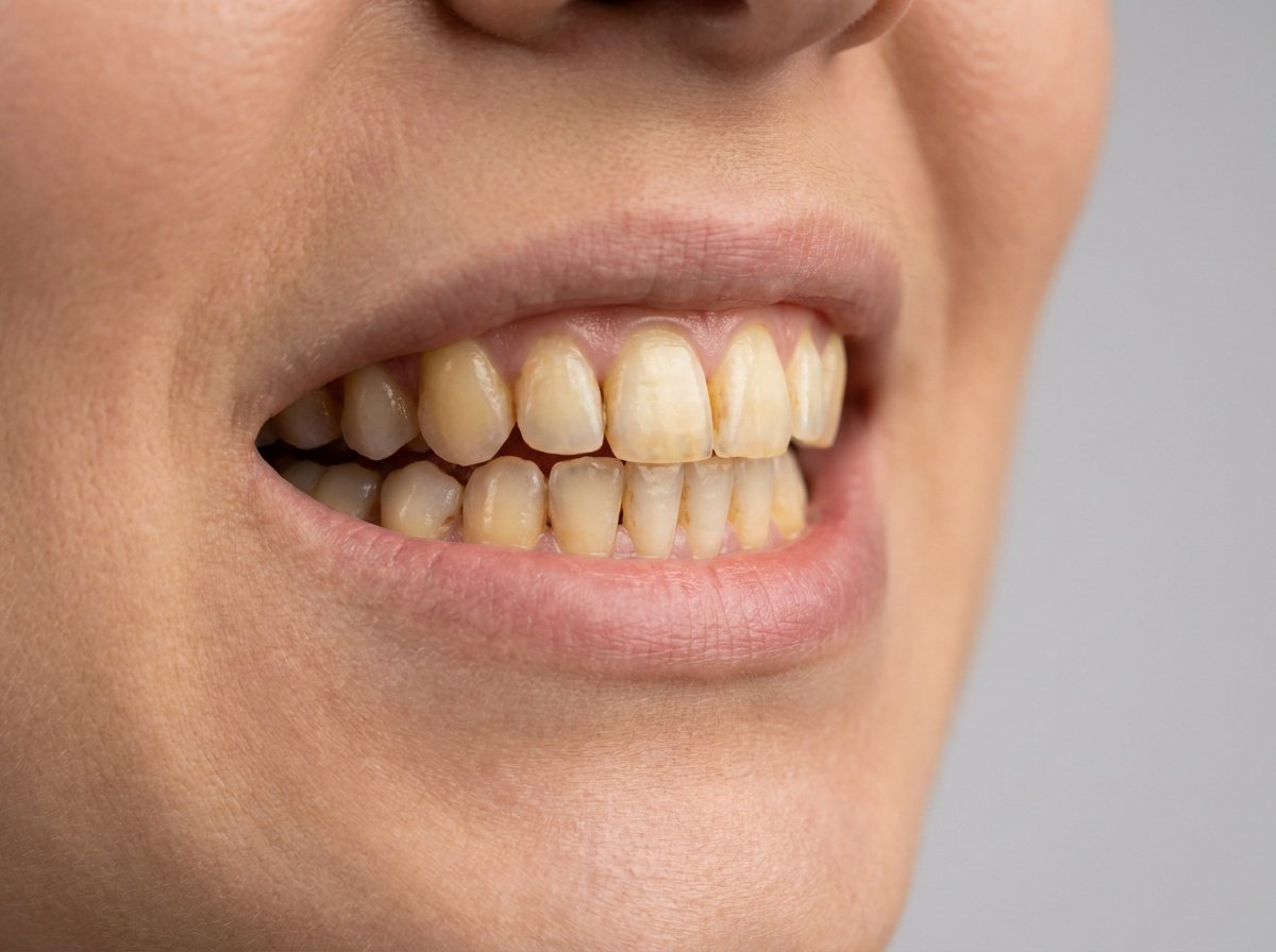 Patient's teeth before professional whitening treatment, showing yellowing