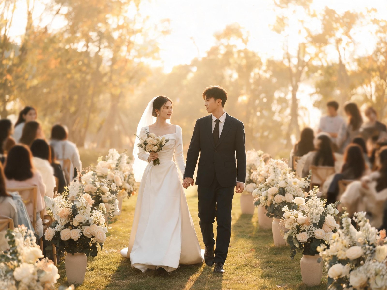 Bride and groom walking down a flower-lined ceremony aisle at golden hour