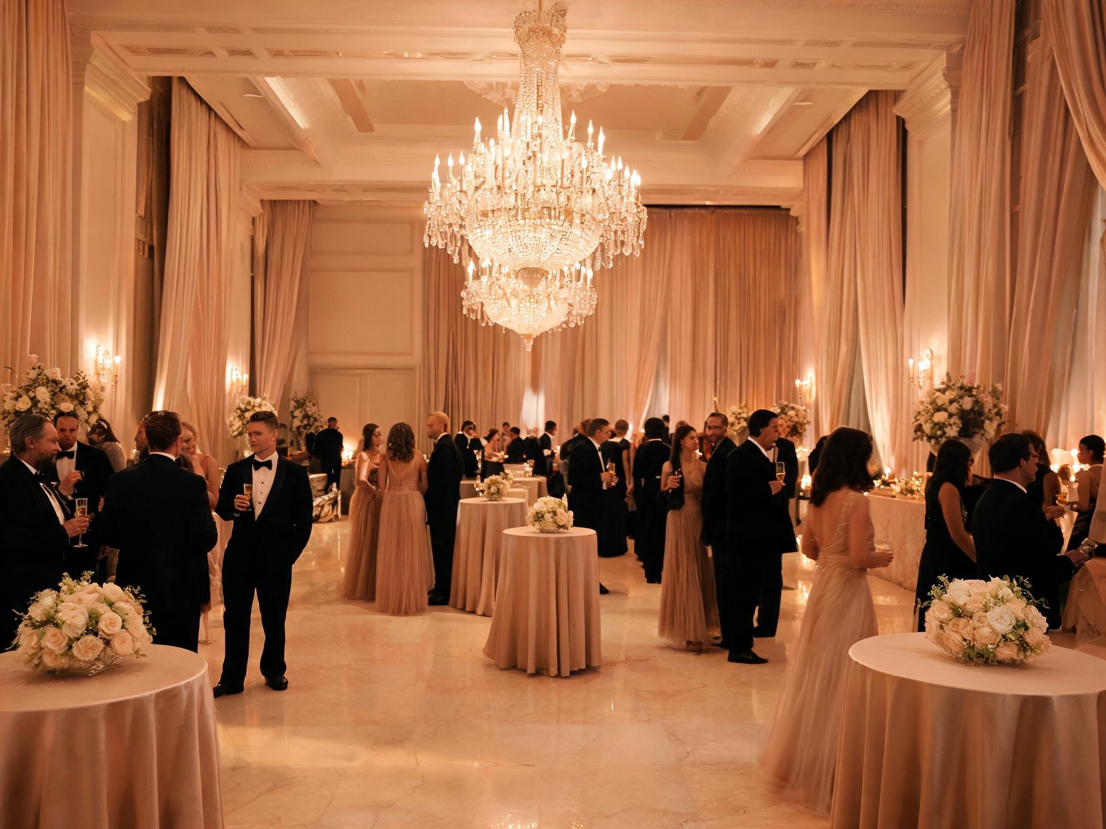 Elegant corporate gala reception in a ballroom with warm chandelier lighting