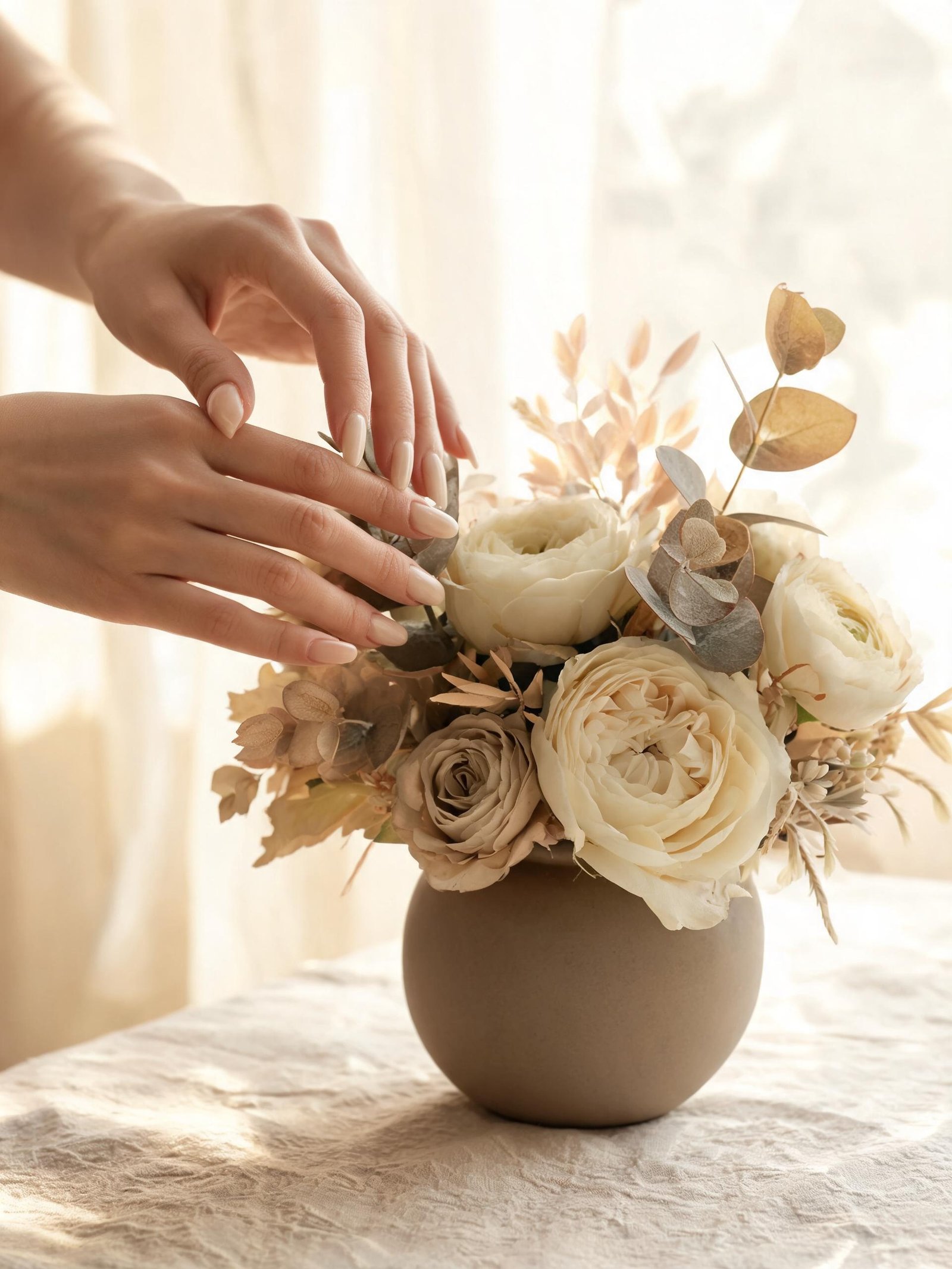 Close-up detail of final touches being arranged before a celebration begins
