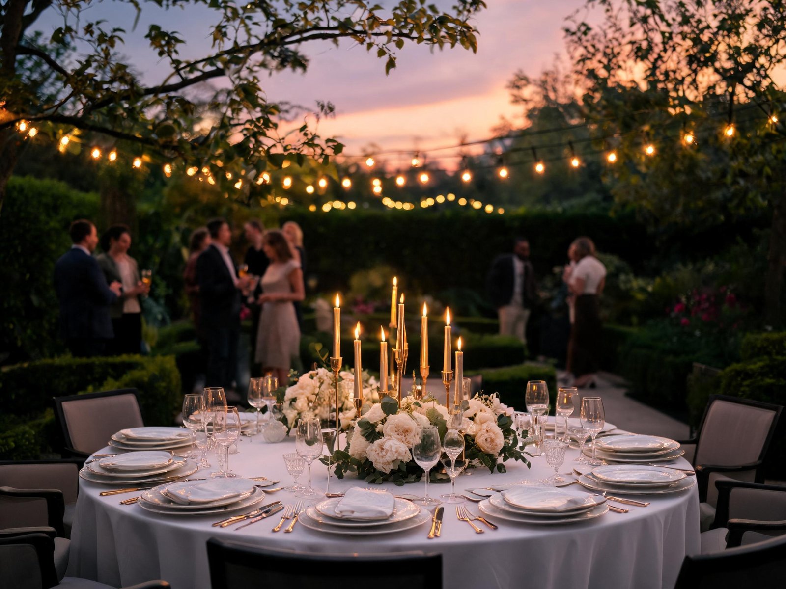 Private garden dinner party at dusk with candlelit table and string lights