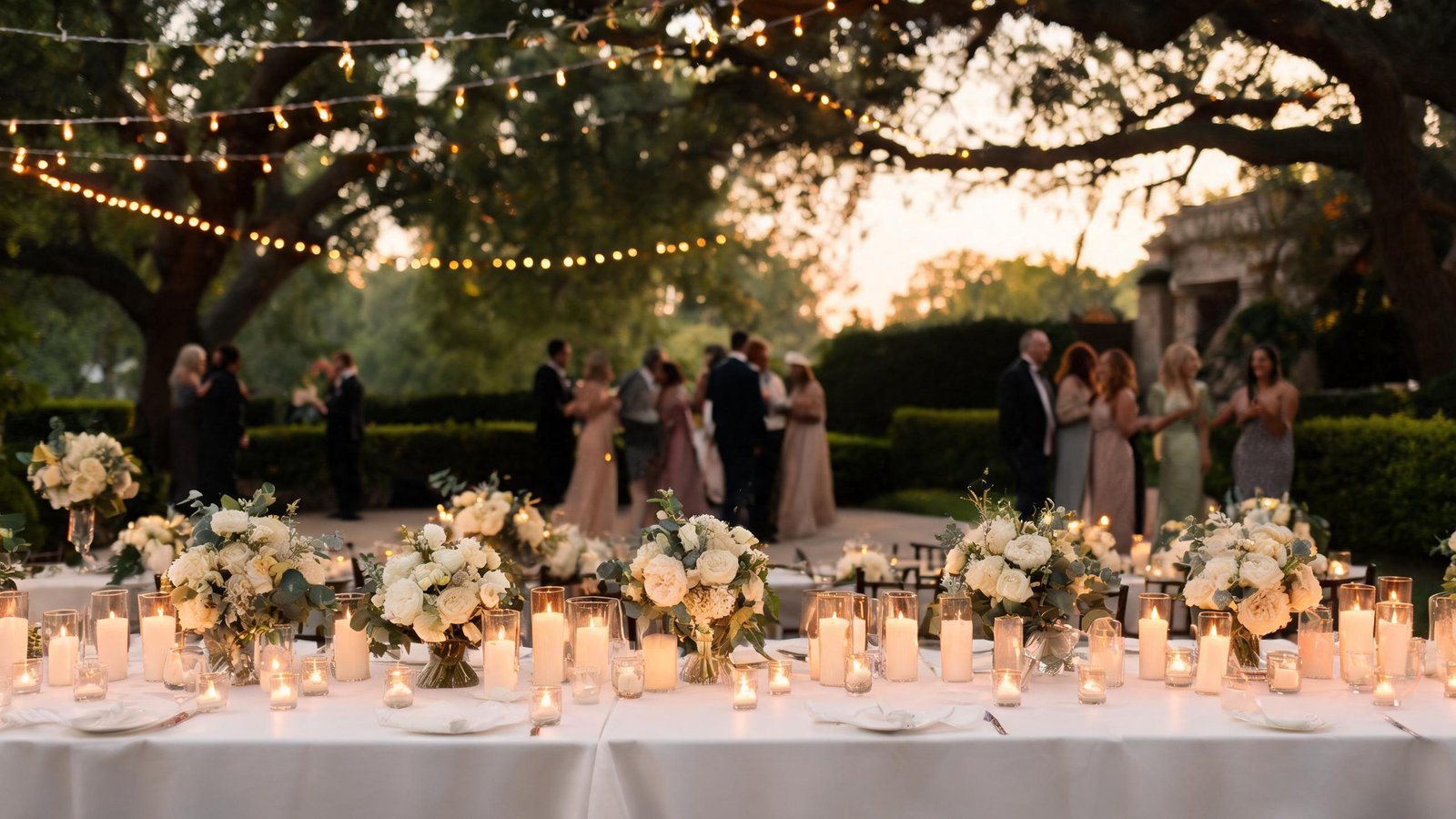 Outdoor reception setting at golden hour, evocative of destination celebrations