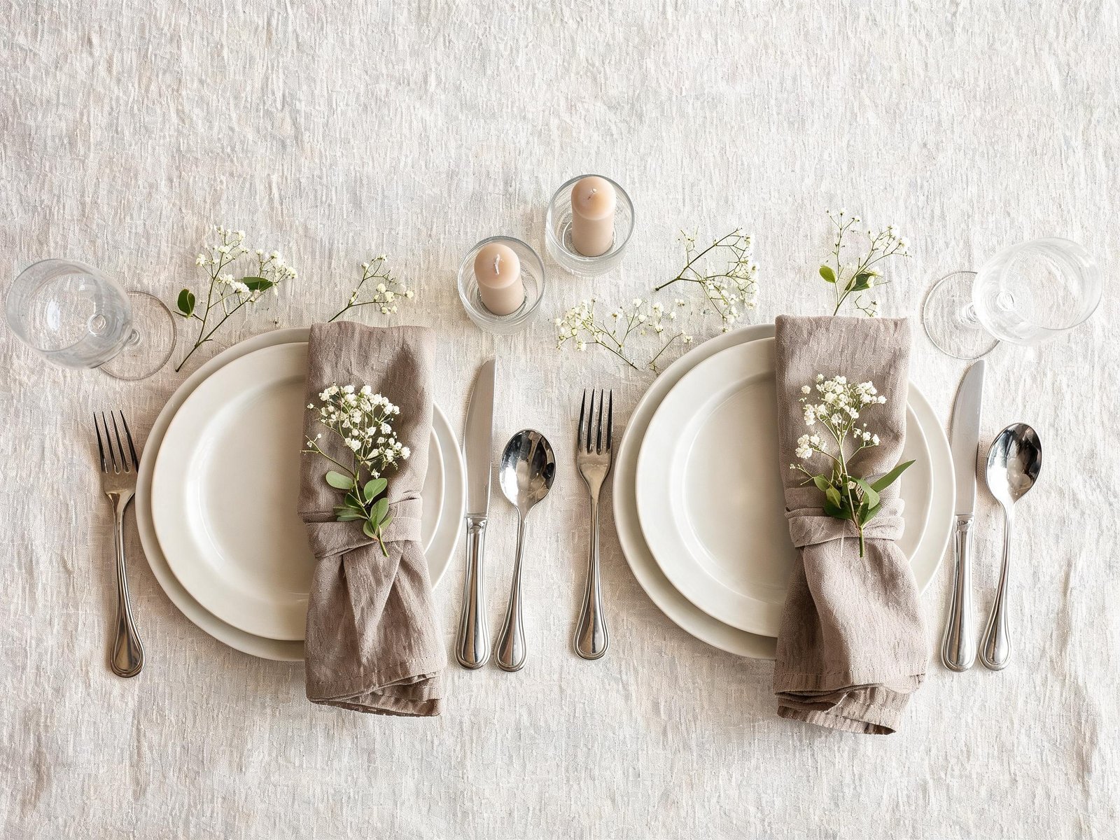 Overhead view of an elegant neutral tablescape with fine china and candles
