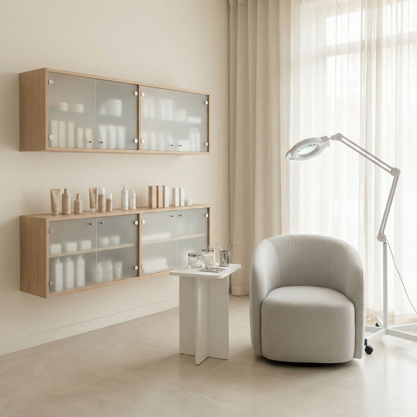 Minimalist clinic reception with soft lighting and neutral furnishings