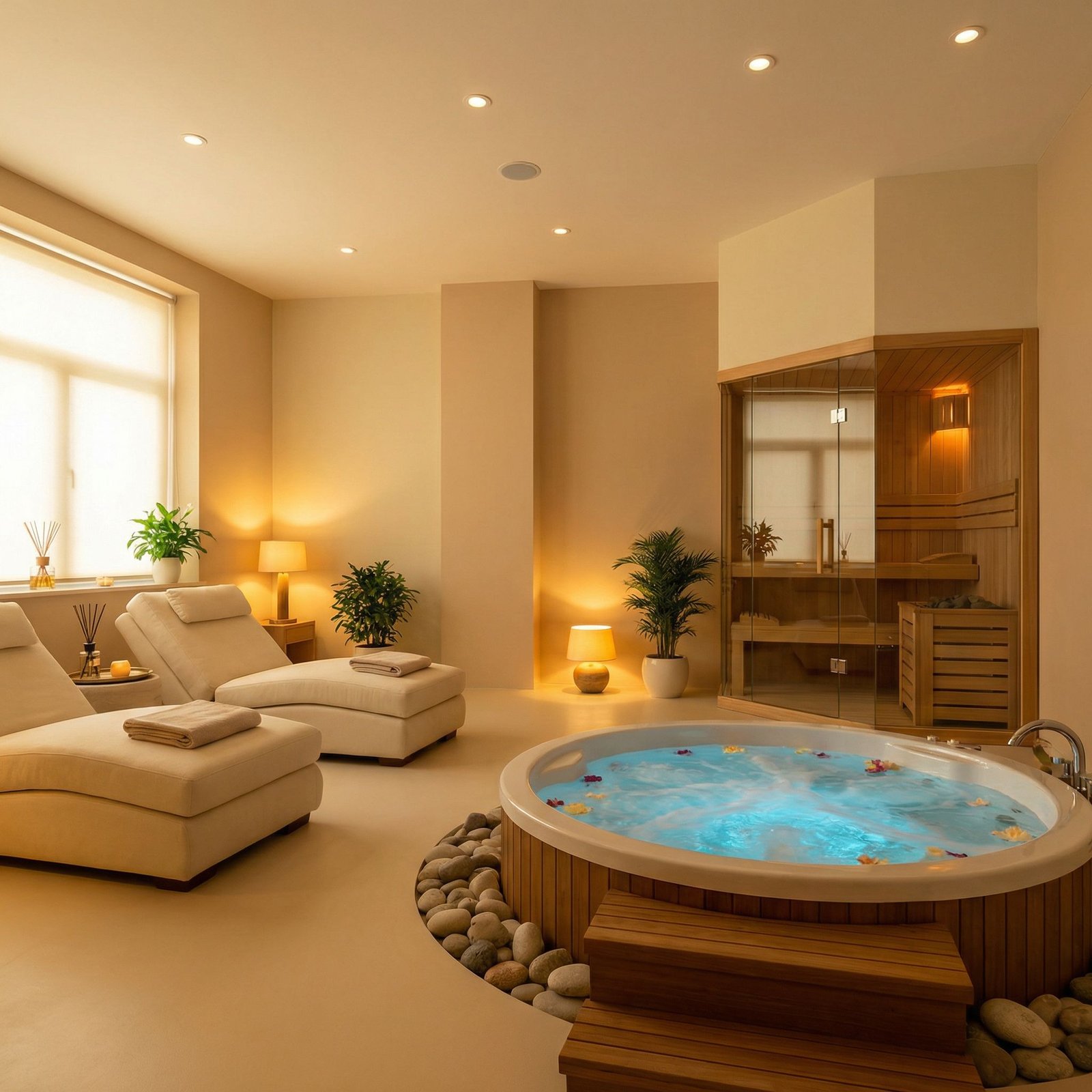 Calm wellness lounge interior in warm neutral tones