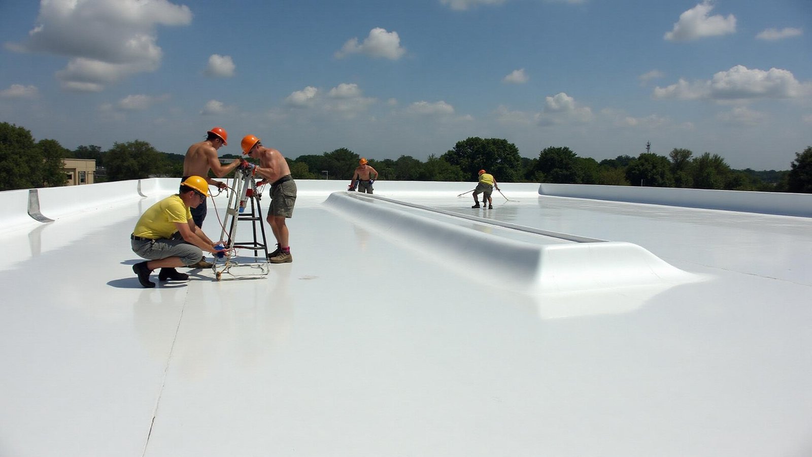 Flat commercial roof with TPO membrane installation