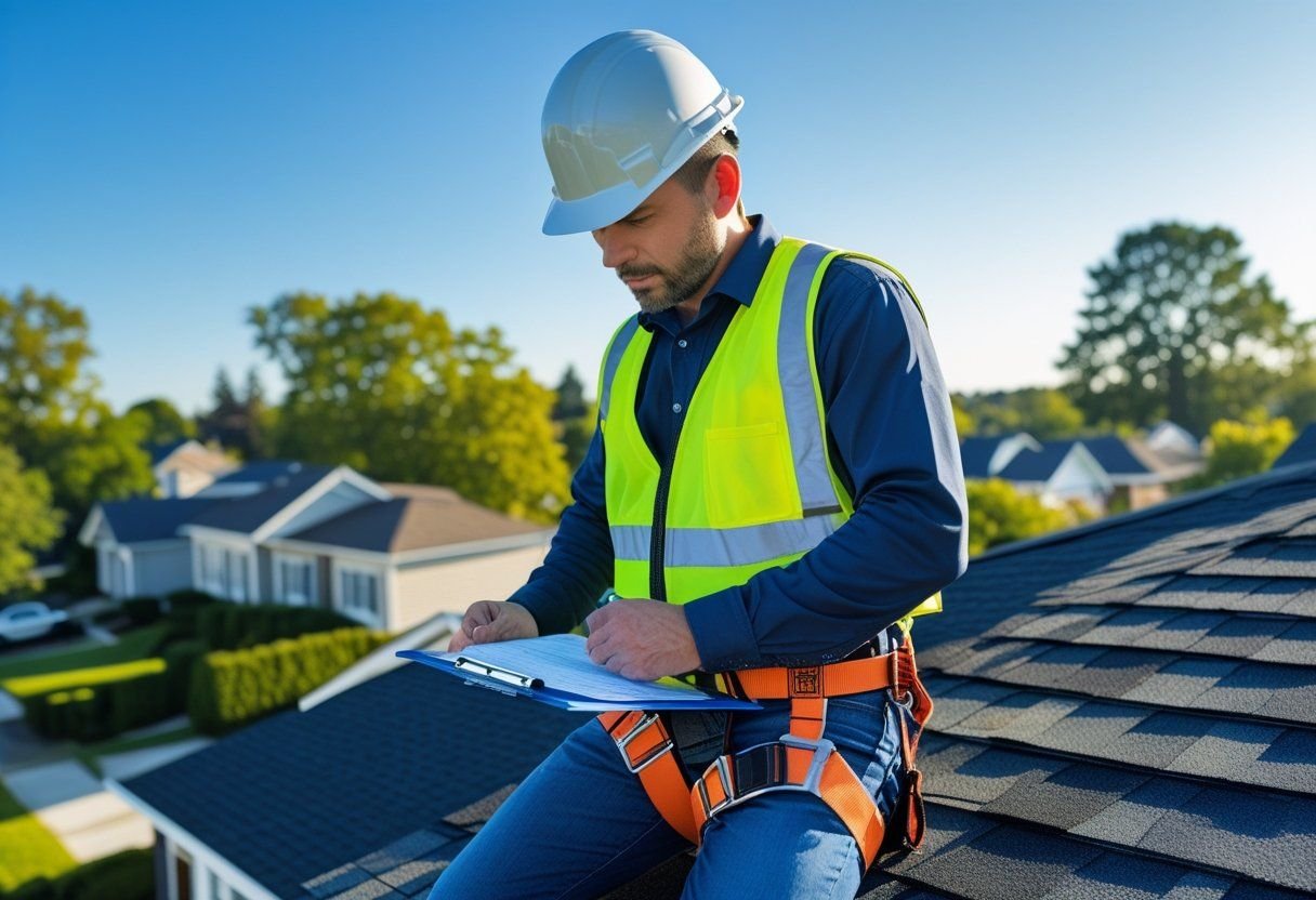 Roofing specialist reviewing inspection notes on a clipboard